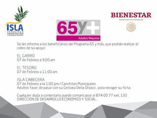 EL DIA 7 DE FEBRERO INICIA EL PAGO DEL PROGRAMA 65 Y + EN ISLA
