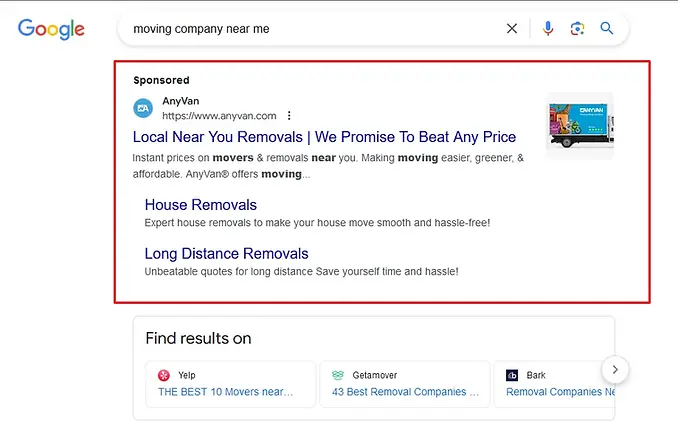 Moving Company Near Me Google Ads Results
