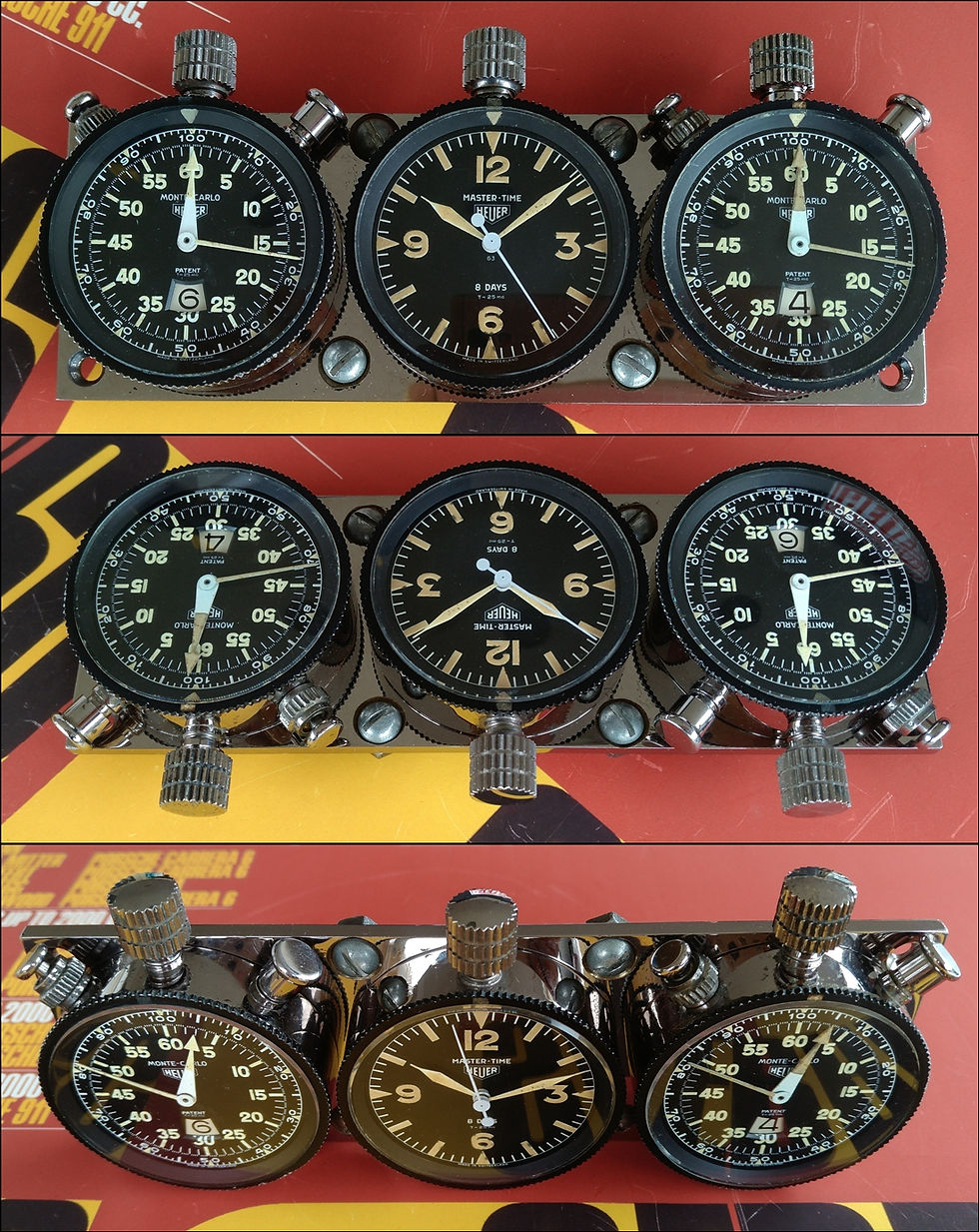 Thumbnail: VINTAGE HEUER DASH MOUNTED SET 1X MASTER TIME + 2X MONTE CARLO - AUTAVIA CARRERA