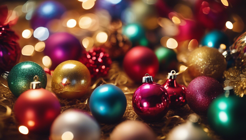 Colorful Christmas ornaments on a festive background