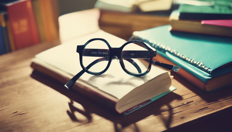 An assortment of books laid out on a table with a pair of reading glasses on top