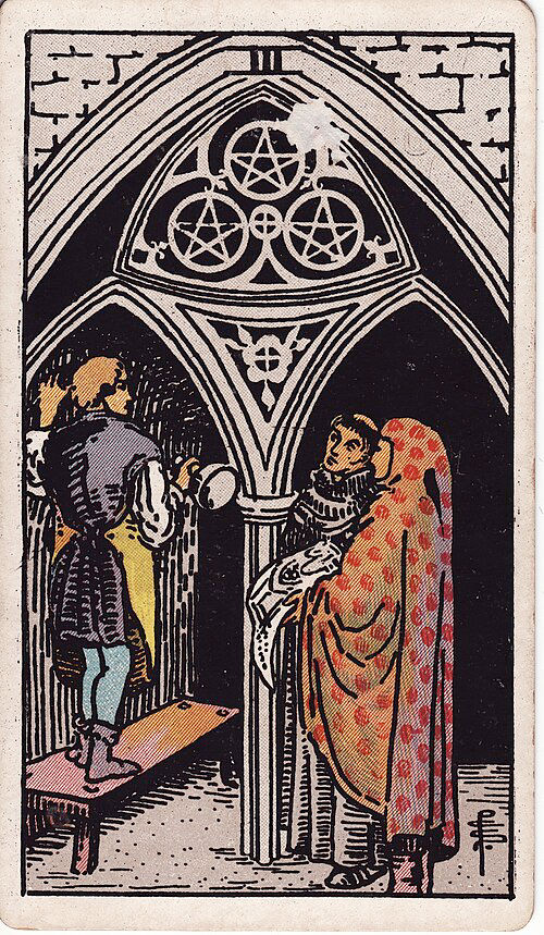 Three of Pentacles tarot card from the Rider–Waite–Smith deck: a stoneworker on a bench speaks with two figures holding building plans inside a cathedral archway, three pentacles carved into the stone above