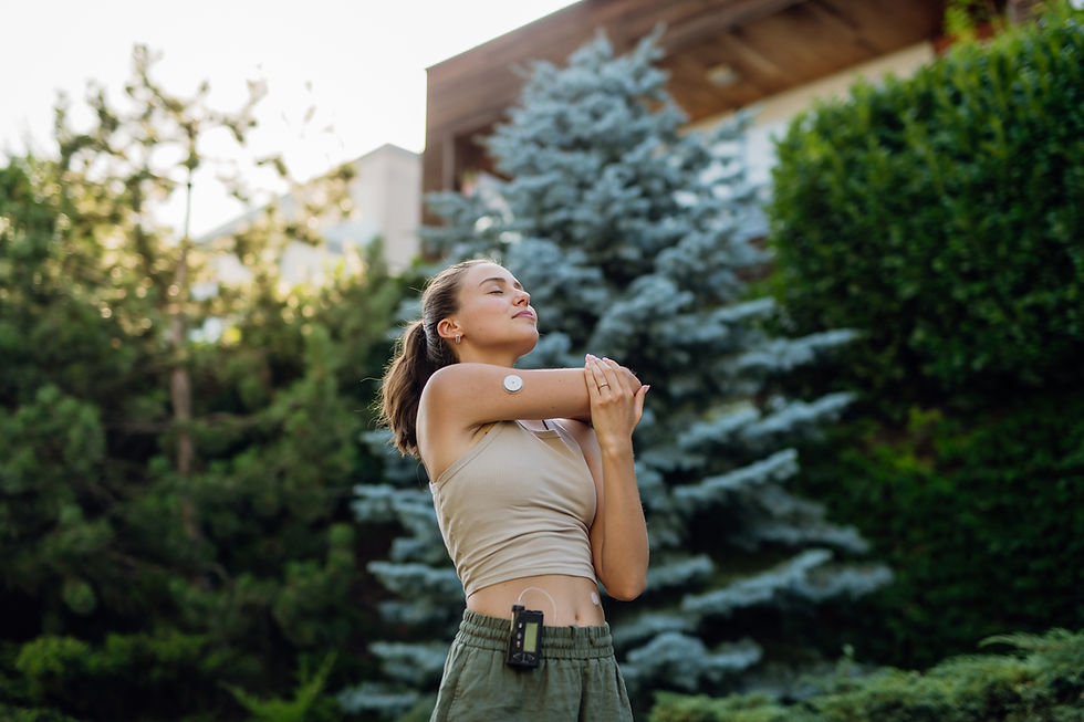 Young woman with CGM and insulin pump
