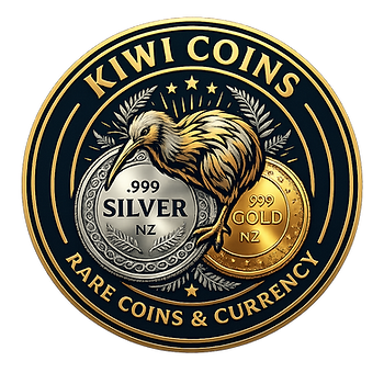 Kiwi Coins logo featuring New Zealand collectible coins, silver coins and rare currency.