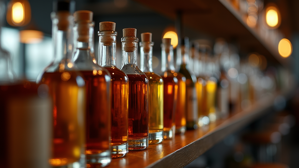 Close-up of various base spirits on a bar shelf