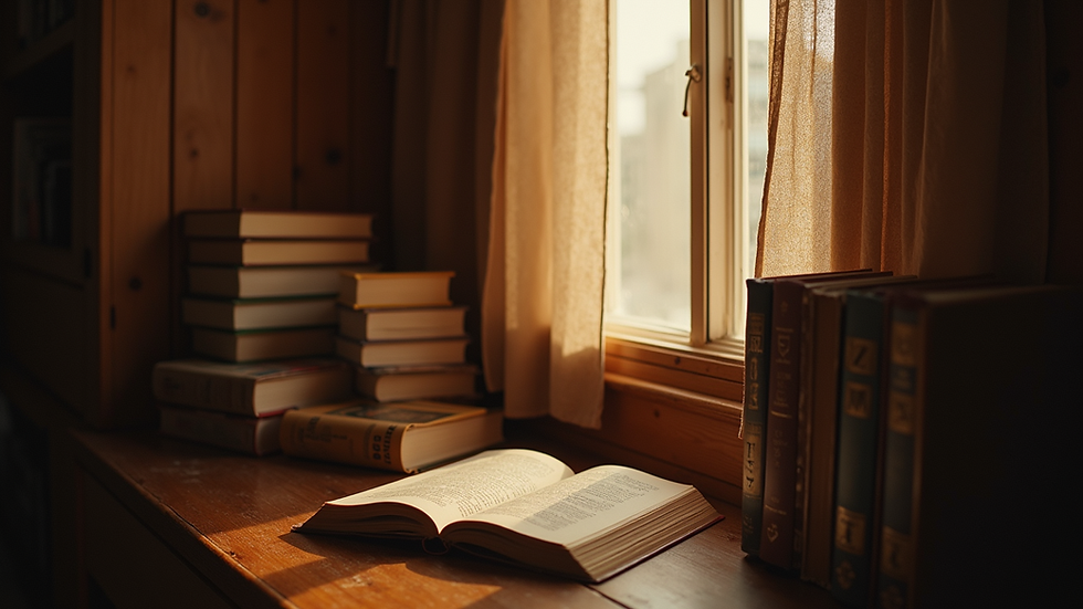 Eye-level view of a cozy reading nook with warm lighting