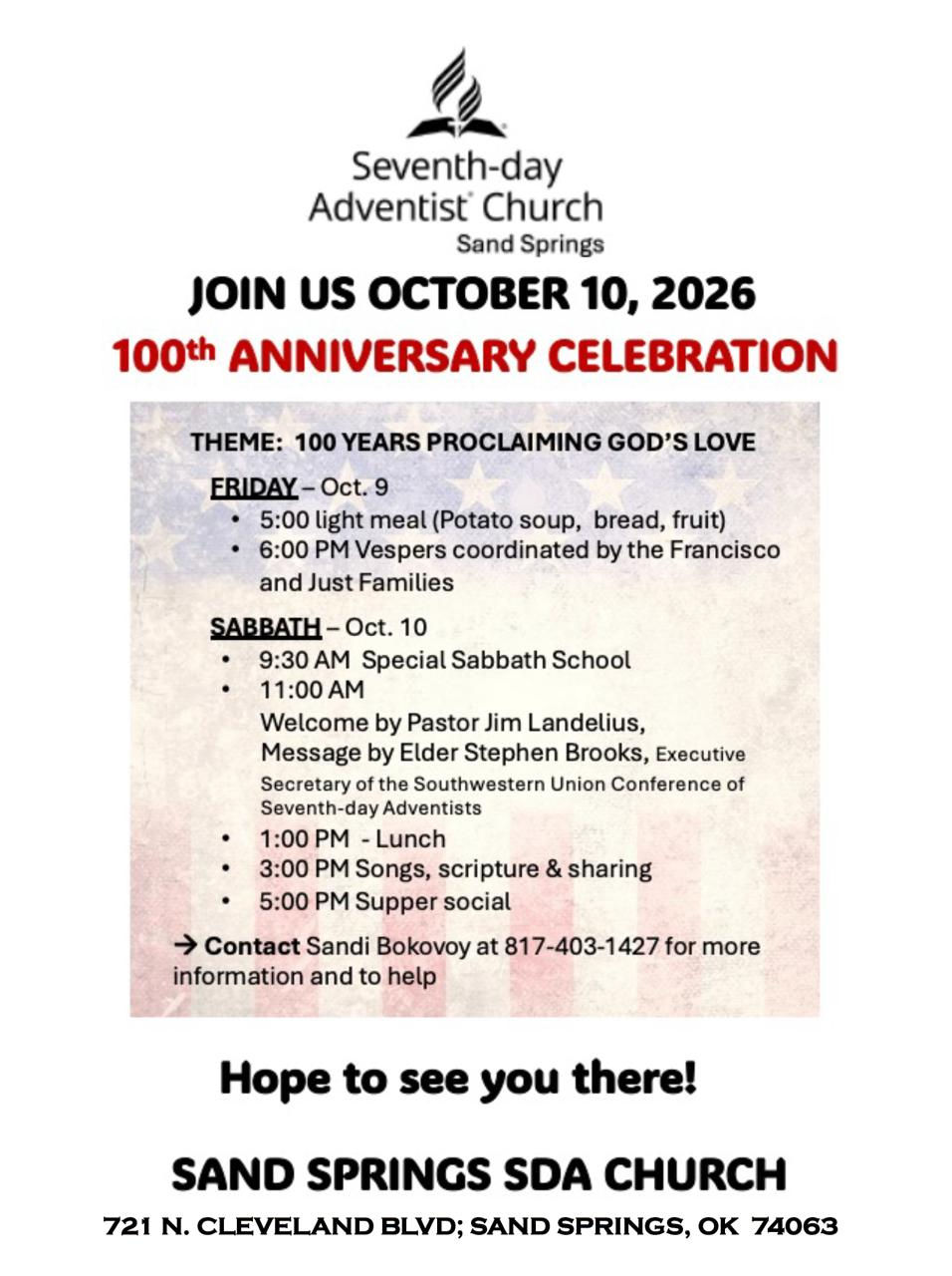 Sand Springs SDA Church to Celebrate 100 Years of Ministry