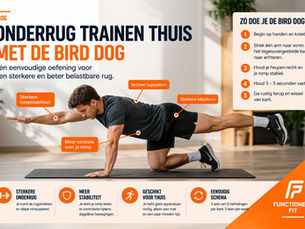 Man doet bird dog op yogamat in lichte woonkamer; infographic met tips voor onderrugtraining en tekst Zo doe je de bird dog.