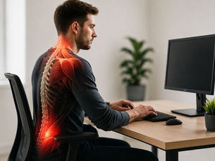Man op kantoor aan bureau typt; rug en nek anatomisch rood gemarkeerd, naast monitor en plant, pijnlijke houding.