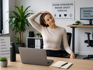 Vrouw strekt zich achter laptop op kantoor; borden tonen elk uur opstaan, bewegen, stretchen, water drinken en focus houden.