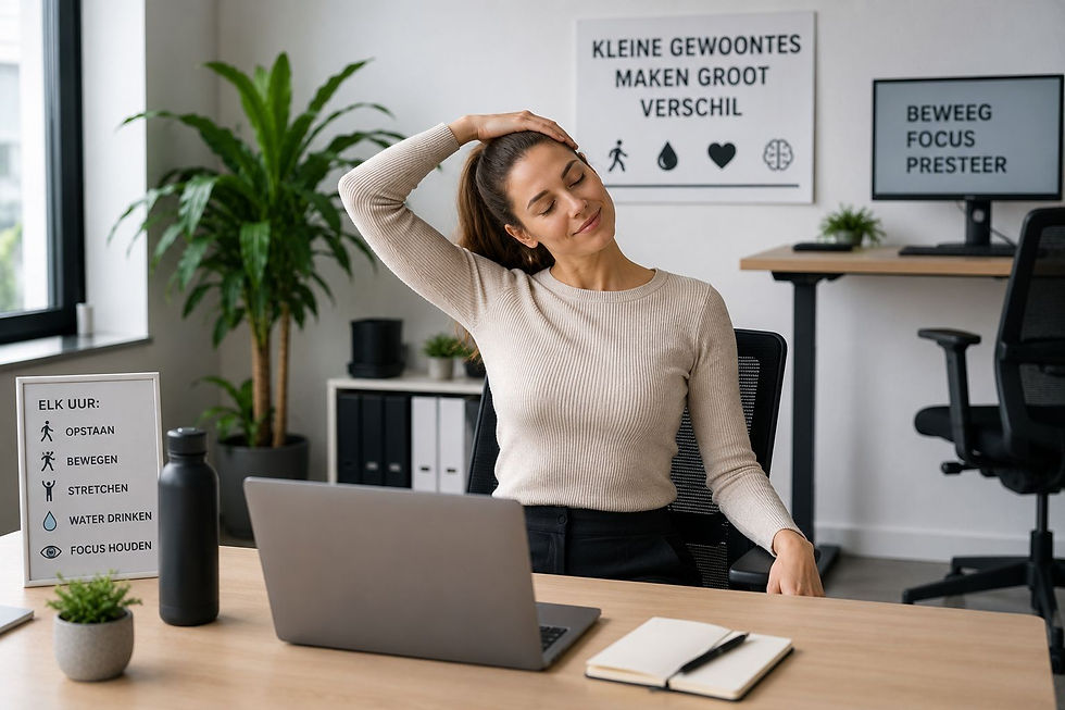 Vrouw strekt zich achter laptop op kantoor; borden tonen elk uur opstaan, bewegen, stretchen, water drinken en focus houden.