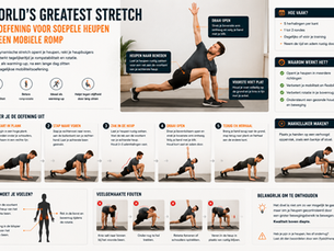 Infographic over World’s Greatest Stretch: man in lunge met opgestrekte arm, met stappen, tips en Nederlandse uitleg.