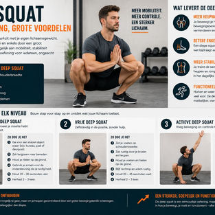Infographic over deep squat: man in diepe hurkzit in gym, met tips, 3 progressies en voordelen voor mobiliteit en controle.