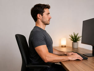 Man typt aan een bureau bij een monitor; op de achtergrond een lamp en plant, in een rustige thuiskantooromgeving.