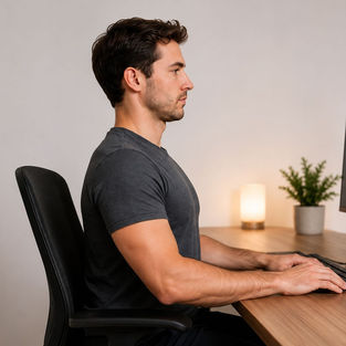Man typt aan een bureau bij een monitor; op de achtergrond een lamp en plant, in een rustige thuiskantooromgeving.