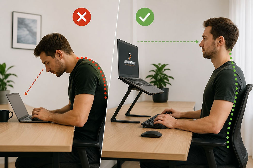Splitbeeld: man aan bureau met laptop; links krom met rood kruis, rechts rechtop met groene vink in minimalistisch kantoor.
