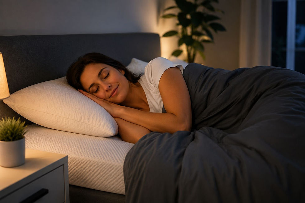 Vrouw slaapt rustig in bed met donker dekbed; warme lamp, nachtkastje en plant in een gezellige slaapkamer.