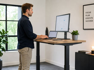 Man die staat bij een bureau tijdens werk om gezonder te blijven