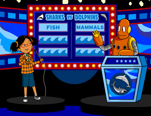 Illustration from BrainPOP Jr.'s Compare and Contrast topic showing Annie and Moby hosting a game show comparing sharks and dolphins as fish versus mammals.