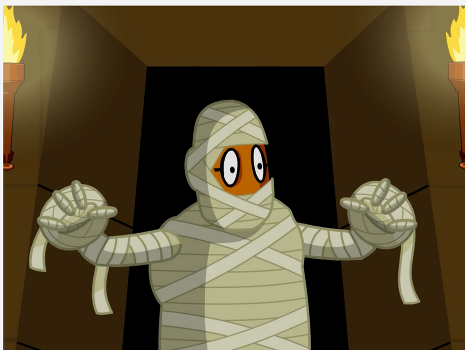 Illustration from BrainPOP's Mummies topic showing a Moby the orange robot as a wrapped mummy with arms outstretched, standing in a torch-lit tomb doorway.