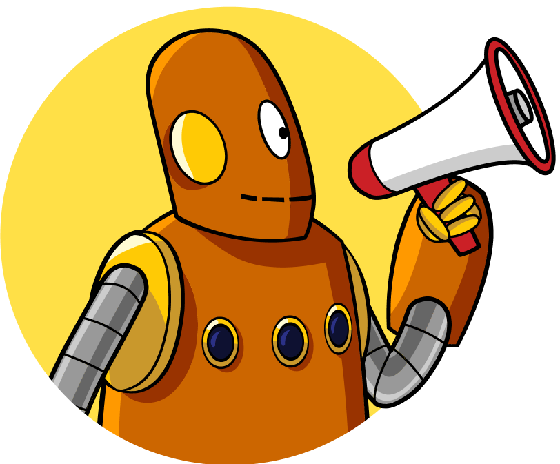 Moby, the orange robot, with a megaphone
