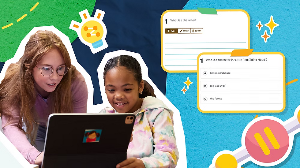 Thumbnail for the blog post '5 Ways New Pause Points Make Learning Stick on BrainPOP Jr.,' showing a teacher and student looking at a laptop together with quiz interface graphics.