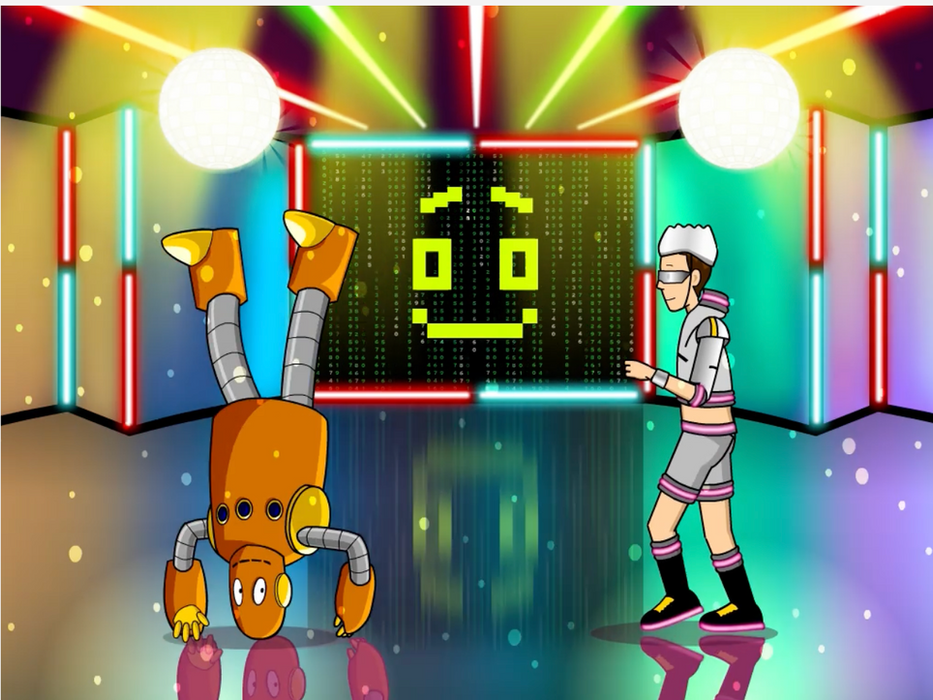 Illustration from BrainPOP's Artificial Intelligence topic showing a robot, Moby, breakdancing upside down beside a person, Tim, in front of a large screen displaying a smiling pixel-art face.