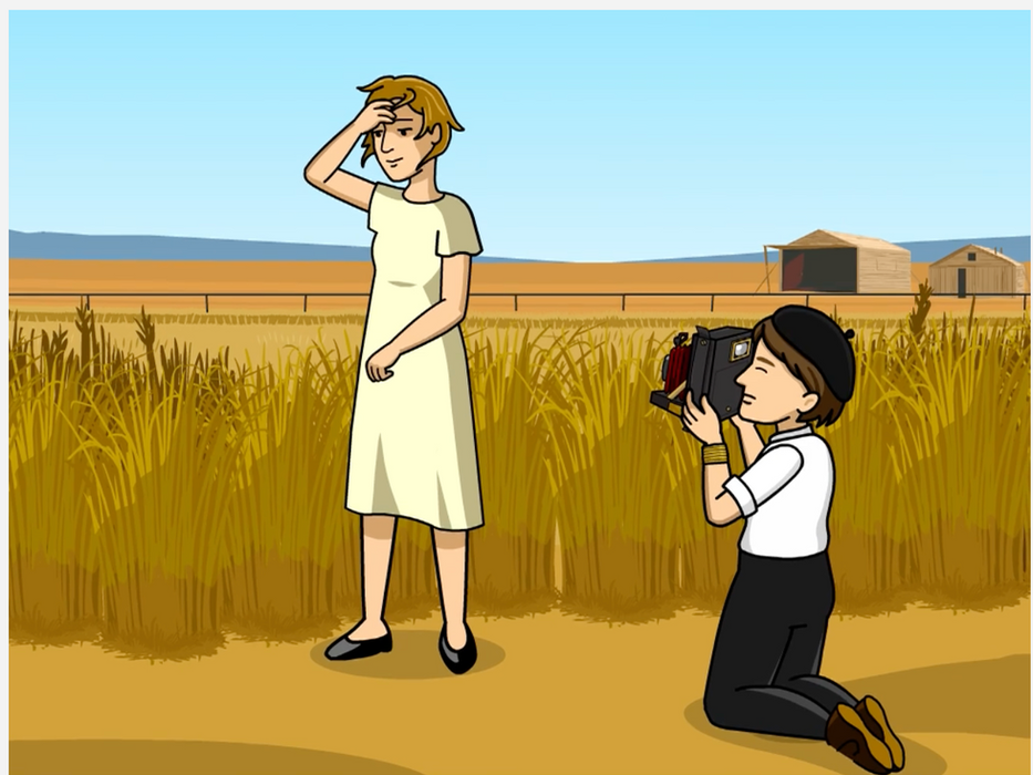 Illustration from BrainPOP's Dorothea Lange topic showing Lange kneeling to photograph a woman with a vintage camera, while the woman poses in a wheat field with one hand on her forehead, recreating the photo 'Woman of the High Plains, Texas Panhandle'