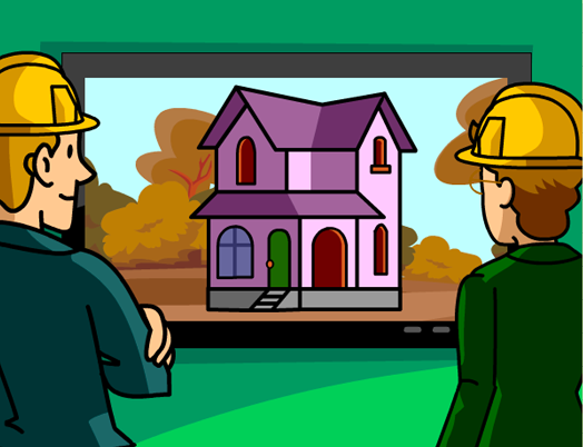 Illustration from BrainPOP Jr.'s Engineering and Design Process topic showing two people wearing hard hats viewing a digital blueprint of a purple house on a large screen.