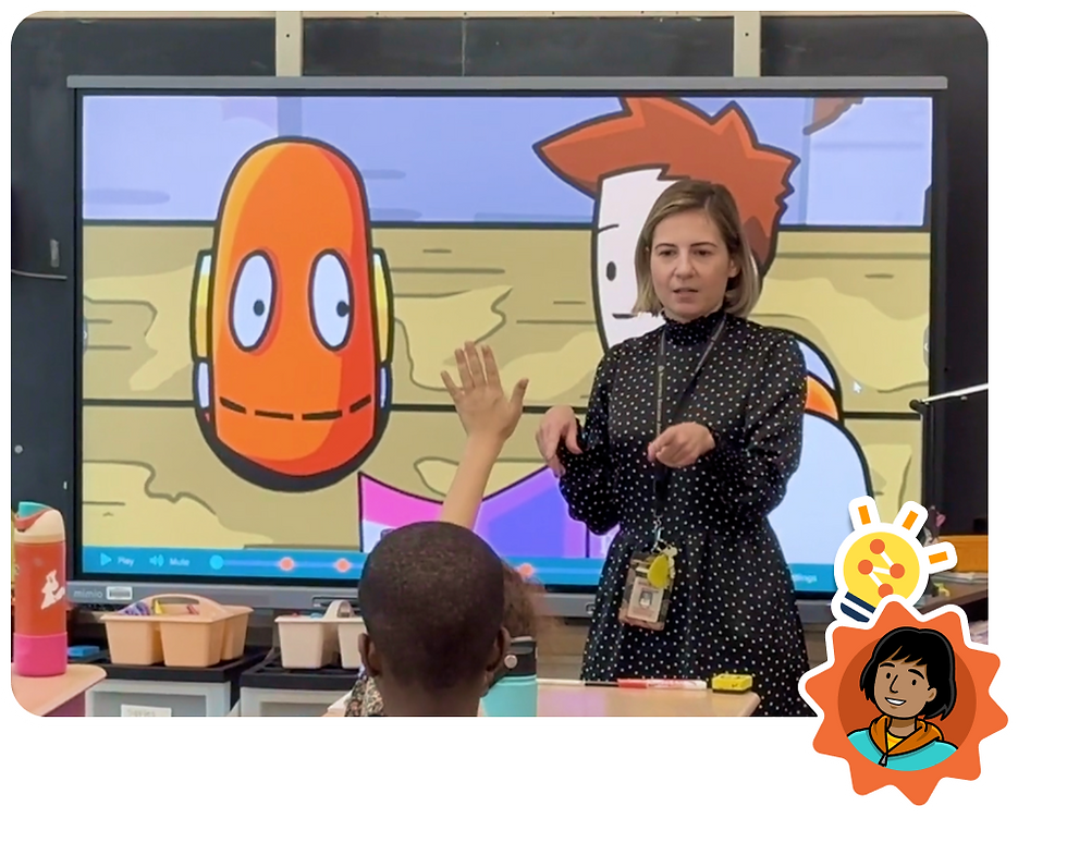 Video thumbnail of how BrainPOP is used in schools across Bloomfield School District in New Jersey. Thumbnail shows a teacher playing a BrainPOP movie front-of-class while students raise hands with questions.