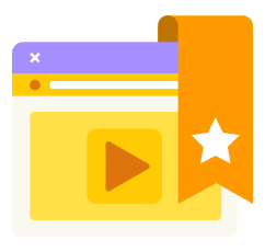 Icon of a web page with a video play button and an orange bookmark tab featuring a white star suggesting saved or favorite content.