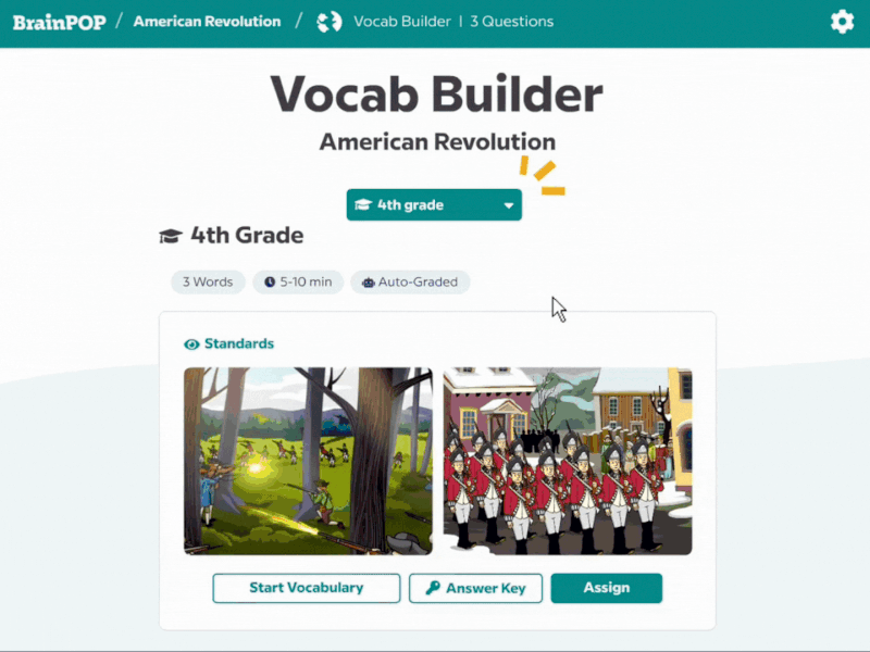 Vocab Builder activity from the American Revolution topic. The word "independence" is clicked into and provides a definition, image, and a multiple choice question asking for a synonym.