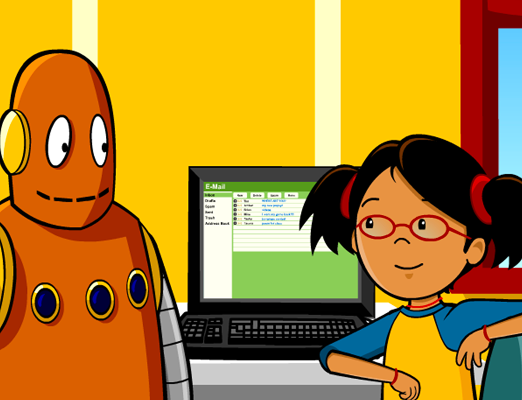 Illustration from BrainPOP Jr.'s Digital Etiquette topic showing Moby and Annie standing beside a computer displaying an email inbox.
