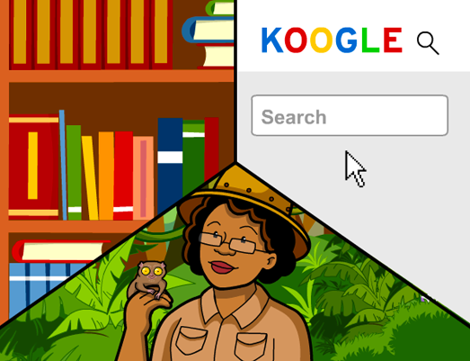 Illustration from BrainPOP Jr.'s Facts and Opinions topic showing a split scene: a bookshelf and search engine on one side, and a woman in safari attire holding a small animal in a jungle setting on the other.