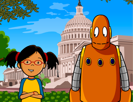 Illustration from BrainPOP Jr.'s Branches of Government topic showing Annie and Moby standing in front of the U.S. Capitol building.
