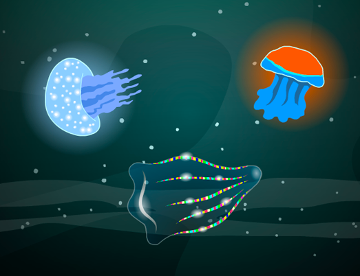 Illustration from BrainPOP Jr.'s Ocean Habitats topic showing three bioluminescent sea creatures glowing in the dark ocean depths.