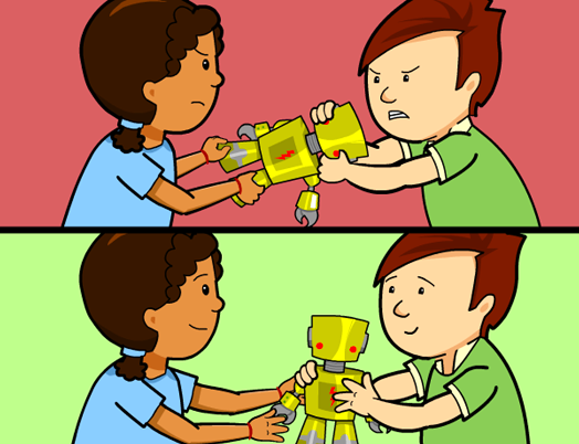 Illustration from BrainPOP Jr.'s Conflict Resolution topic showing two children arguing over a toy robot in the top panel, then sharing it happily in the bottom panel.