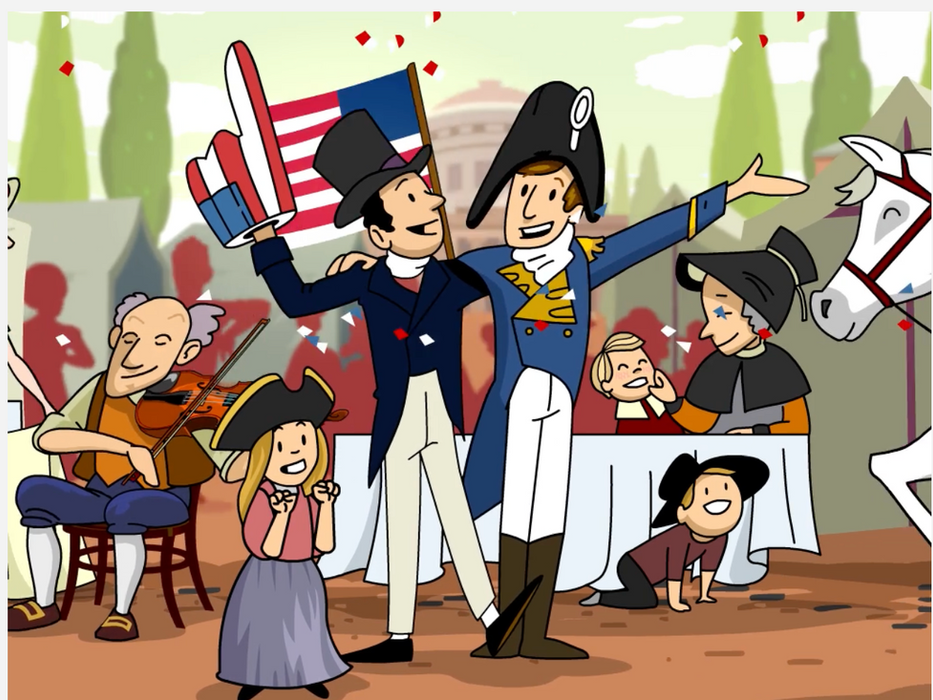 Illustration from BrainPOP's Independence Day topic showing two men celebrating together, one waving an American flag and the other in a military uniform with a bicorne hat, surrounded by musicians and onlookers at an outdoor gathering.