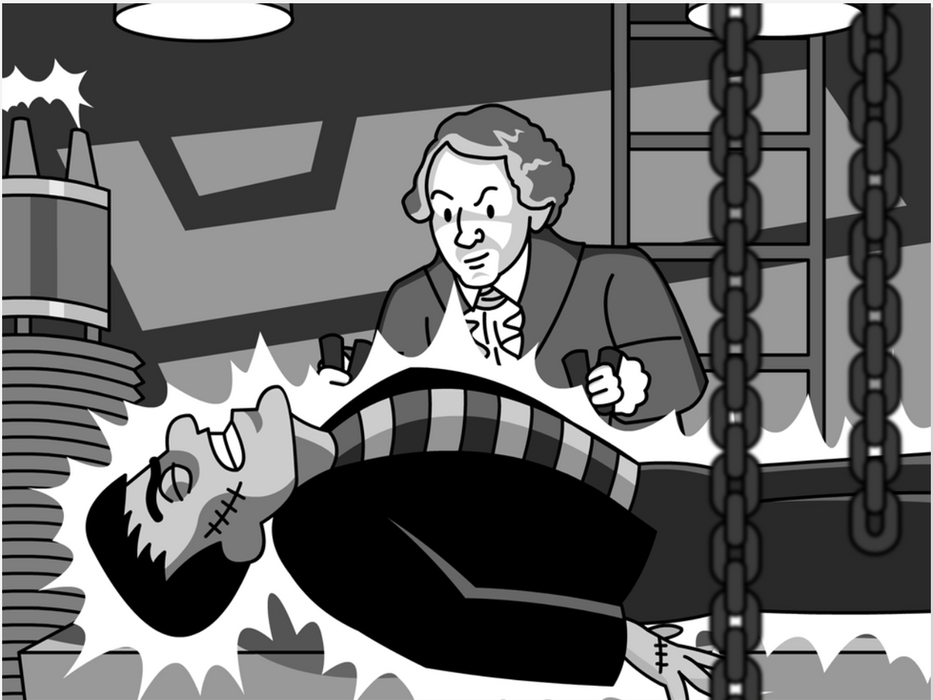 Illustration from BrainPOP's Frankenstein topic showing Victor Frankenstein leaning over his creation lying on a lab table, rendered in black and white to evoke the classic monster movie style.