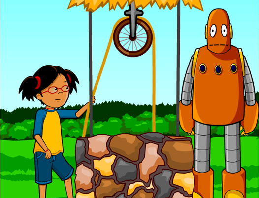 Illustration from BrainPOP Jr.'s Simple Machines topic showing a girl, Annie, operating a pulley system with a bucket over a stone well, standing next to Moby, an orange robot.