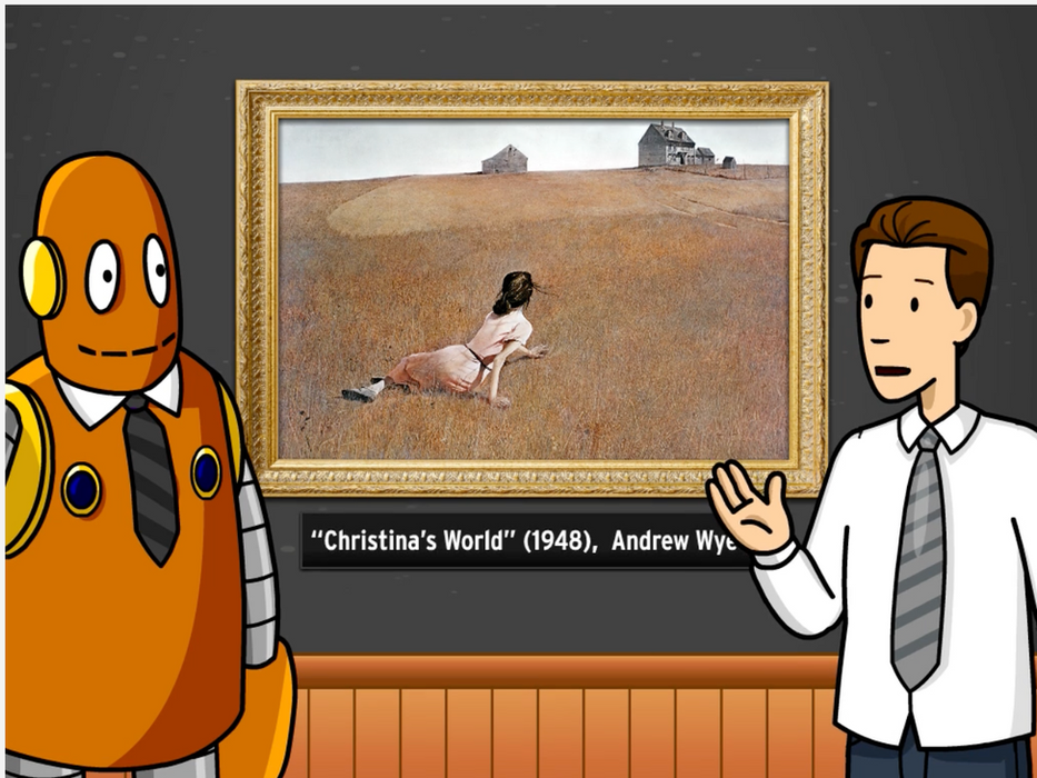 Illustration from BrainPOP's Elements of Art topic showing Tim and Moby viewing a framed reproduction of Andrew Wyeth's 1948 painting 'Christina's World,' depicting a woman sitting in a field looking toward a distant farmhouse.