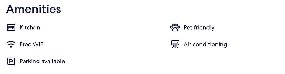 Amenities list with icons: Kitchen, Free WiFi, Parking available, Pet friendly, Air conditioning. Clean white background.