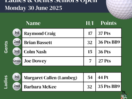 Ladies & Gents Seniors Open Results - 30.06.25