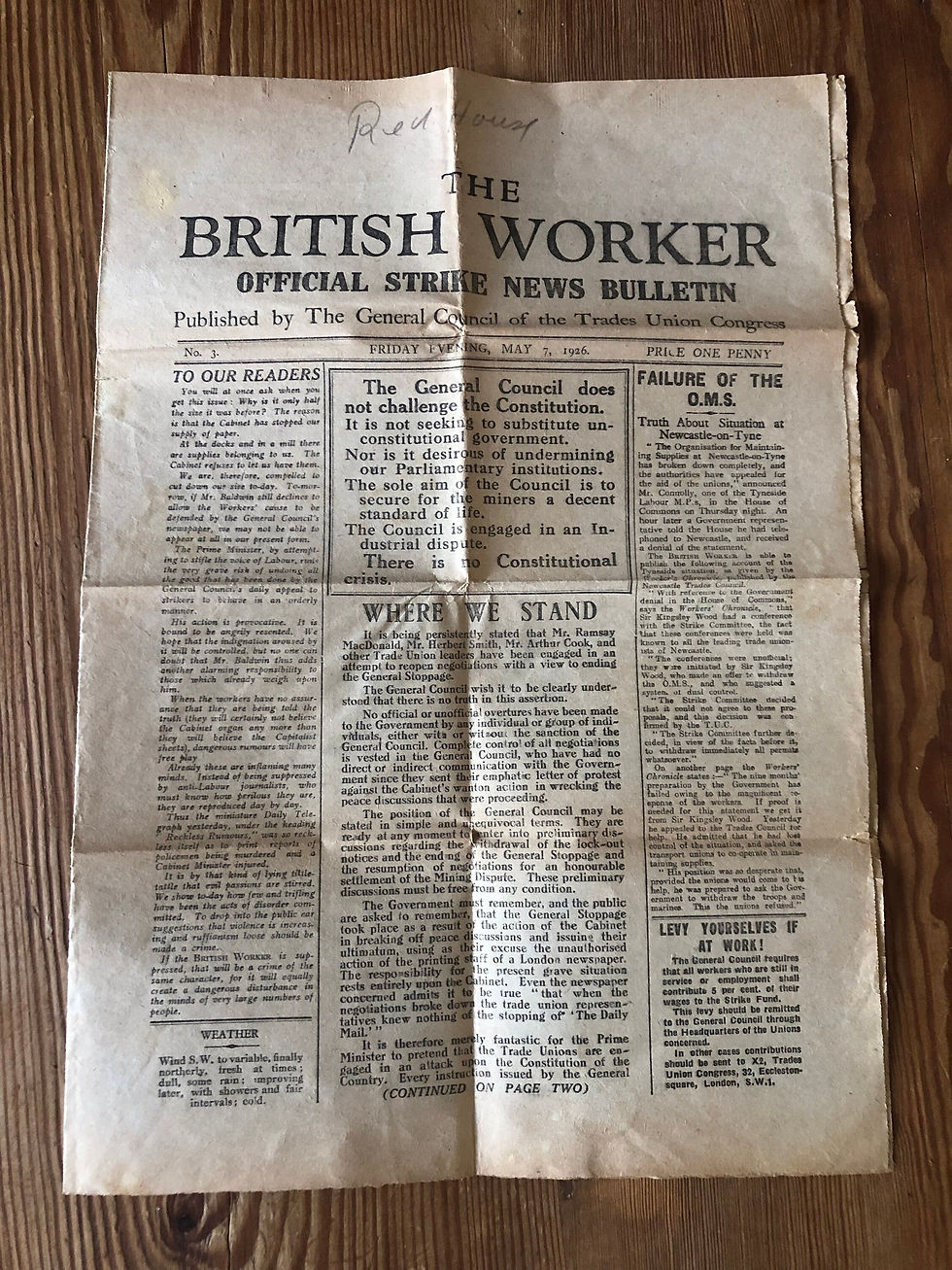 Vintage Ephemera THE BRITISH WORKER. Official Strike News Bulletin. No. 3, Friday Evening, May 7, 1926.