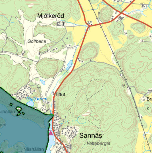 En karta över Sannäs norra delar och med Mjölkeröd Golfbana inkluderad.