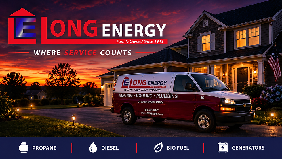 A Long Energy service van is parked in the driveway of a beautiful suburban home at sunset, with warm lights glowing from the house and a vibrant orange, pink, and purple sky in the background. The Long Energy logo appears prominently at the top with the tagline "Where Service Counts." A footer highlights the company's core services: Propane, Diesel, Bio Fuel, and Generators.