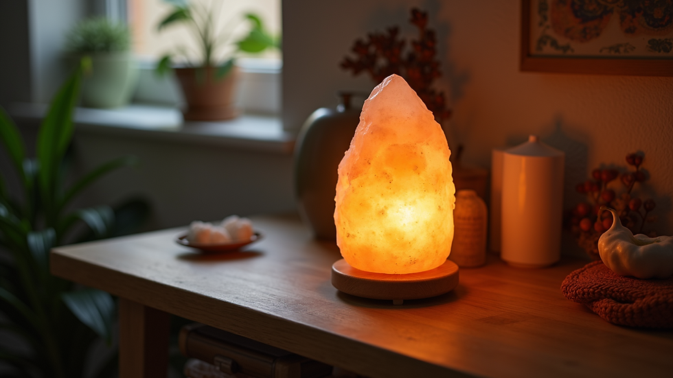 Close-up view of a glowing Himalayan salt lamp on a wooden table