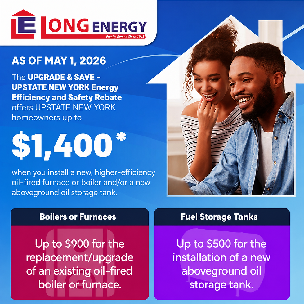 High-efficiency oil-fired furnace installed in an Upstate New York home by Long Energy, qualifying for the Upgrade & Save energy efficiency rebate program
