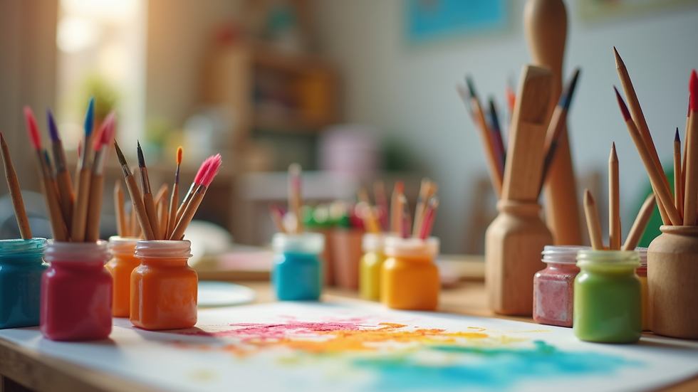 Close-up view of preschool art corner with colorful paints and brushes