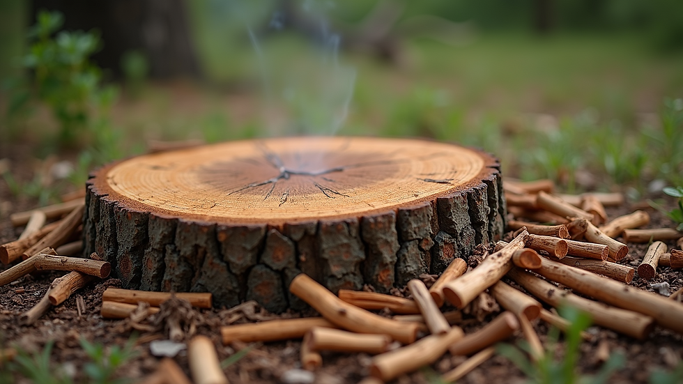 Close-up view of a tree stump after removal with wood chips around